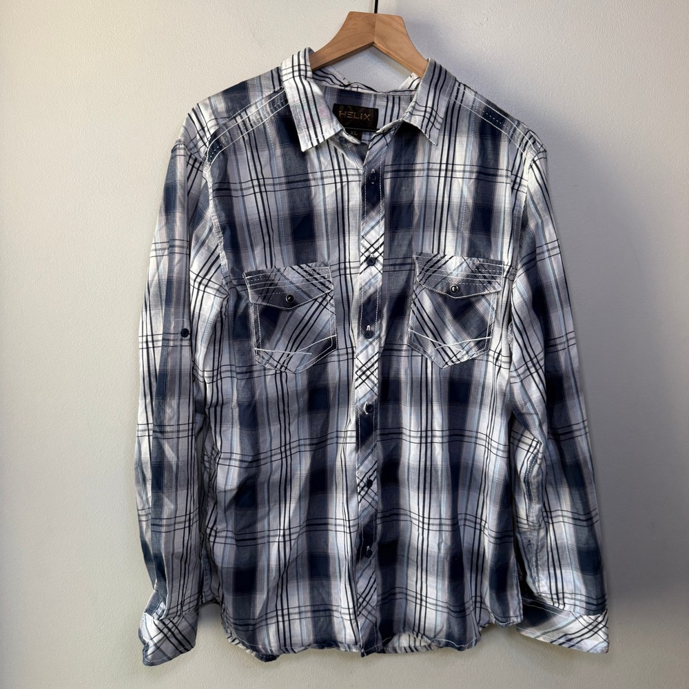 Helix Men's Plaid Button Down Long Sleeve Shirt Navy White Size X-Large